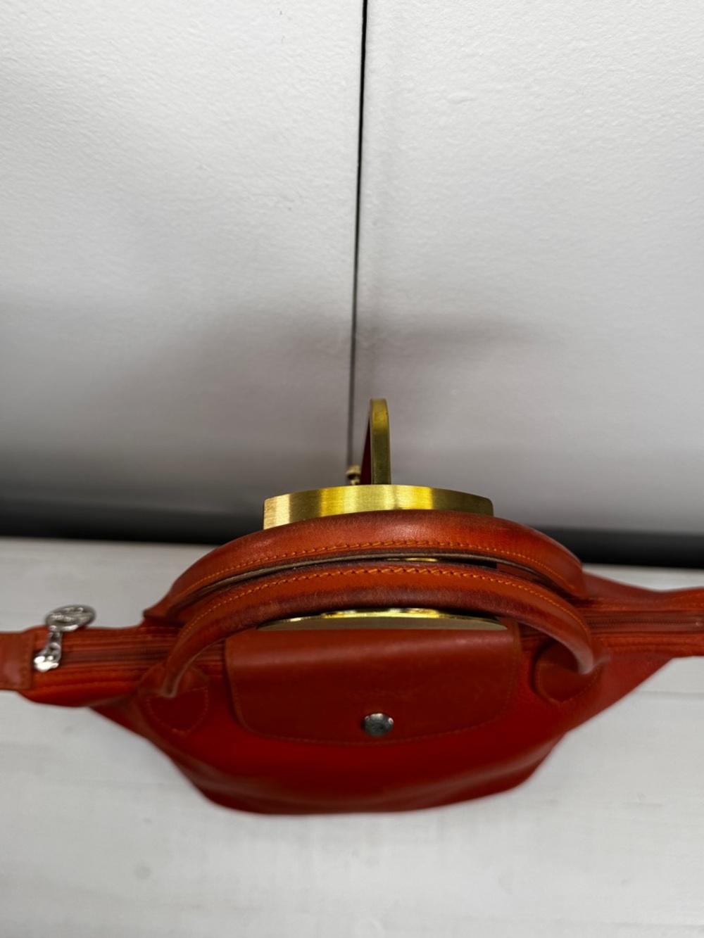 Longchamp Le Pliage Cuir Small Orange Leather Tote Bag Top Handle Authentic - Picture 4 of 16